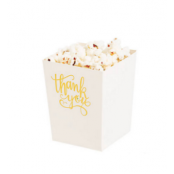 Kleine popcorn bakjes wit met gouden tekst 'Thank you' @joyenco.nl