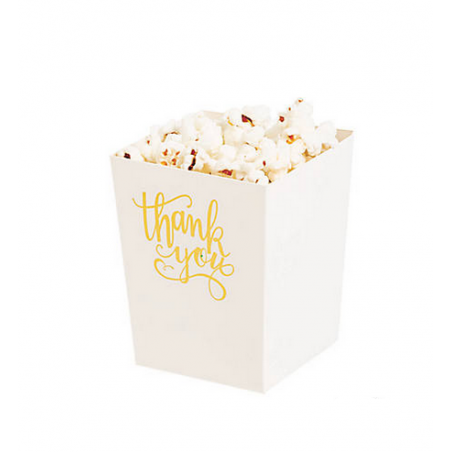 Mini popcorn boxes white with golden text 'Thank you' @joyenco.nl