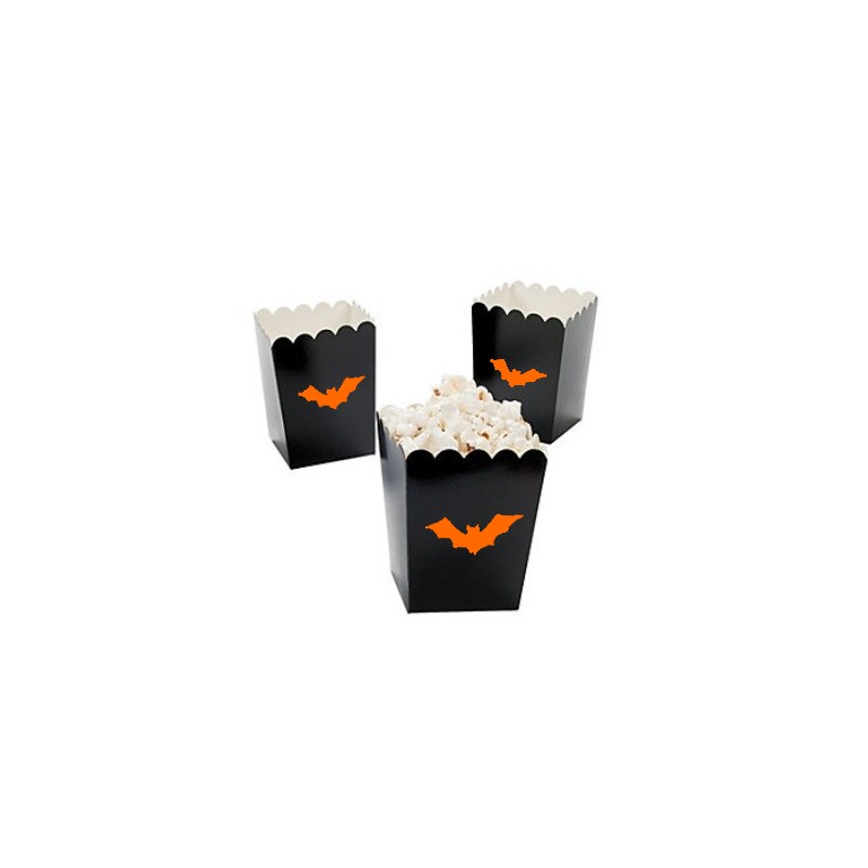 Kleine popcorn bakjes zwart met oranje vleermuis @joyenco.nl