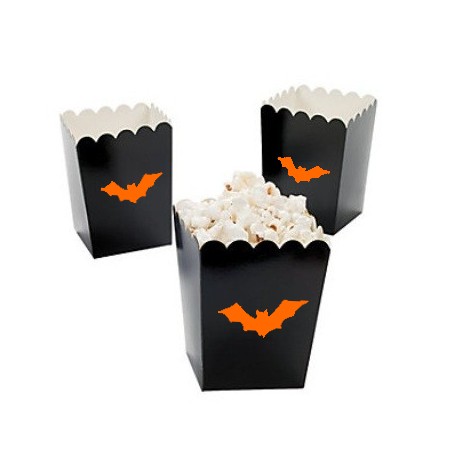 Kleine popcorn bakjes zwart met oranje vleermuis @joyenco.nl