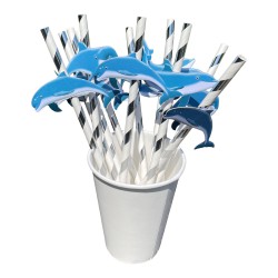 Dolphins on silver striped paper straws - 12 pieces