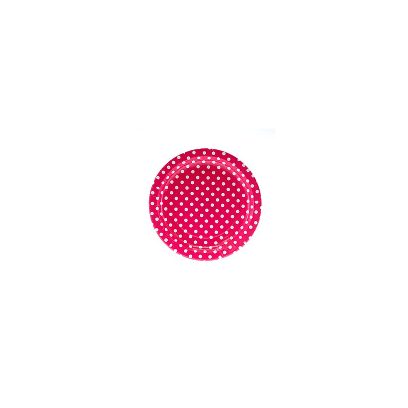 Hot pink paper plates with white dots