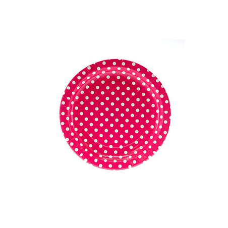 Hot pink paper plates with white dots
