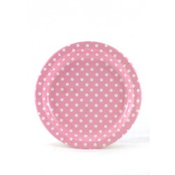 Pink paper plates with white dots