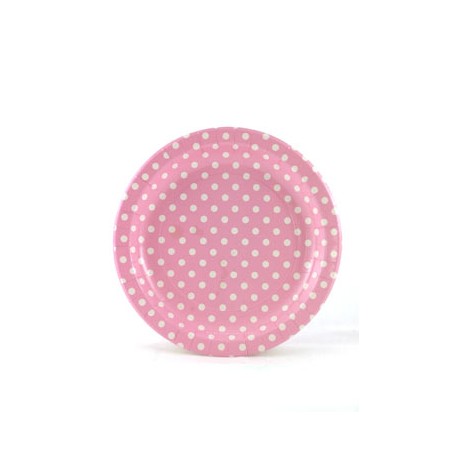 Pink paper plates with white dots
